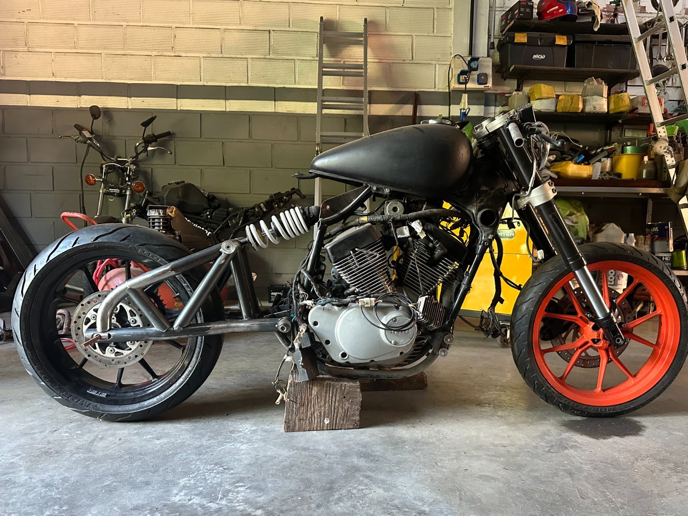 Stripped to the frame, Duke 390 front end and wheels in